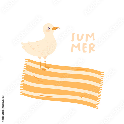 A cute funny seagull is standing on a beach towel. Summer vacation concept. Simple vector illustration of seagull isolated on white background
