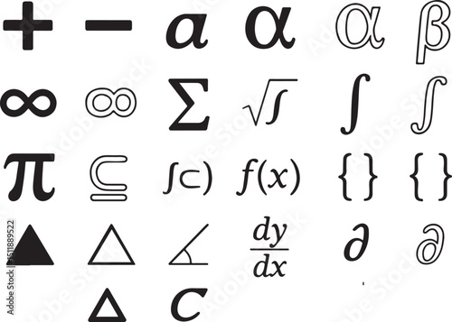 Mathematical Symbol Vector Set – Addition, Subtraction, Alpha, Beta & More Math Notations for Geometry, Calculus & Set Theory with Mixed Silhouette & Outline Designs