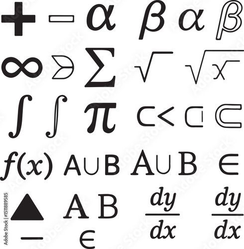 Mathematical Symbol Vector Set – Addition, Subtraction, Alpha, Beta & More Math Notations for Geometry, Calculus & Set Theory with Mixed Silhouette & Outline Designs