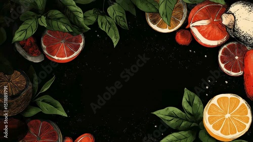 Vibrant Citrus Fruits and Leaves Border on Black Background - Hand-Drawn Illustration