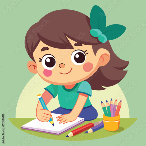 little girl drawing with pencils vector art 