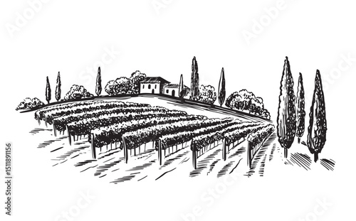 Wine plantation hills, trees, hand drawn illustration	
