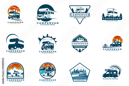 Van Adventure logo set. Collections of Camper Van logo design vector template