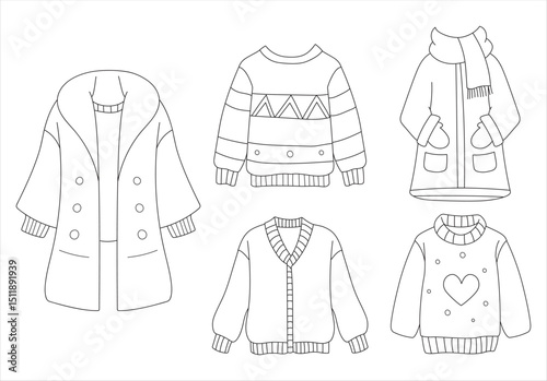Warm sweater coat collection set in black line style illustration. Vector hand drawn cartoon of autumn and winter outfit for coloring book, fashion, model, sticker, asset, design, element