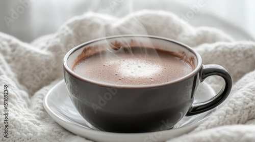 A steaming cup of hot chocolate placed on a cozy blanket, perfect for relaxation and comfort.