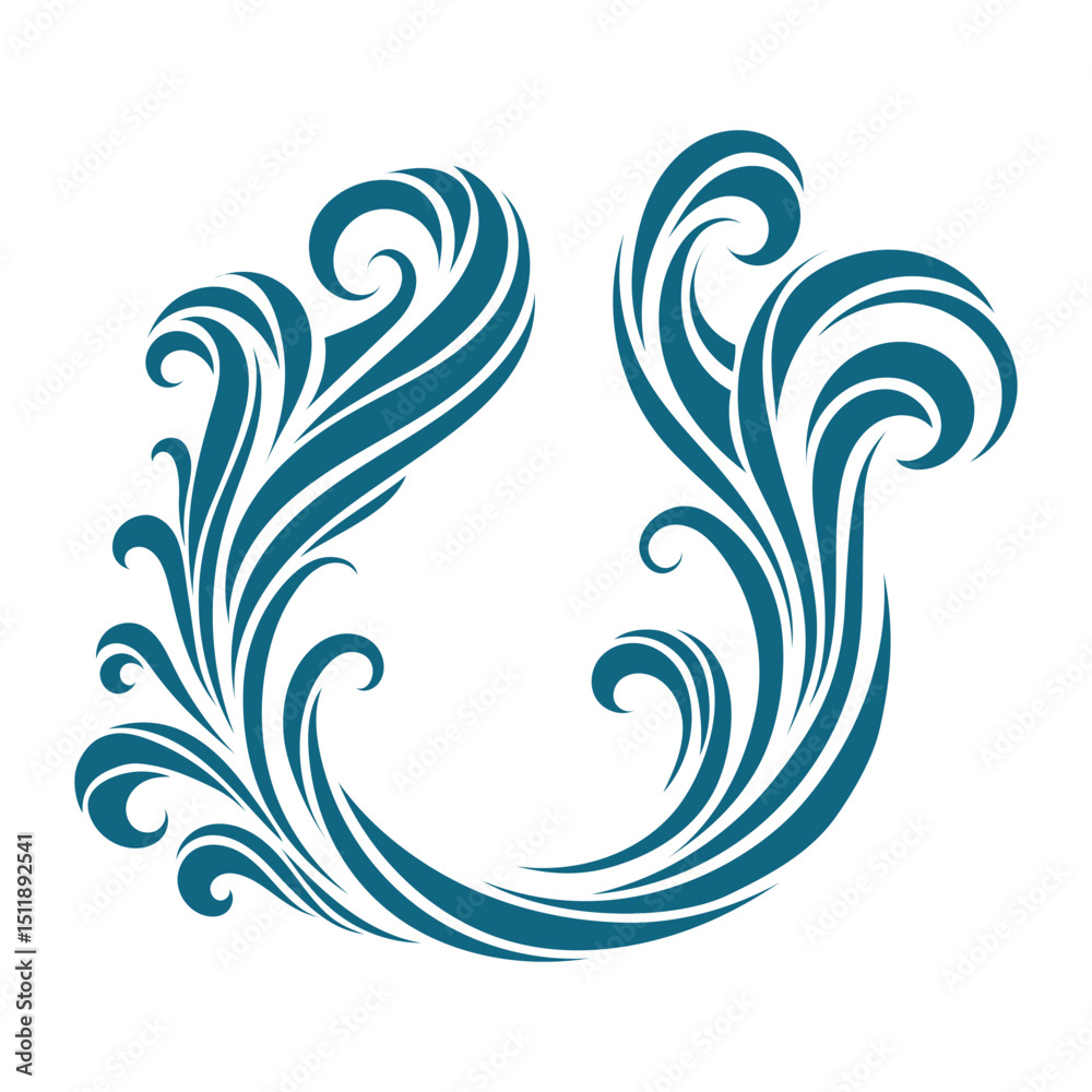 Fototapeta premium Vector swirl inspired by water and ocean waves. Abstract blue curved shape with elegant lines. Decorative design for marine themes, logos, tattoo style and ornamental elements