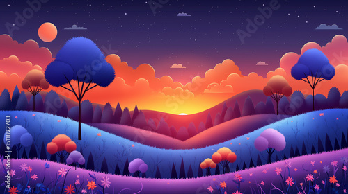 Vibrant Valley: Lush Hills, Trees, and Flowers at Dusk in a Fantasy World.