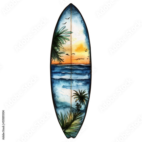 Surfboard, watercolor drawing vector, high quality, isolated on a white background.