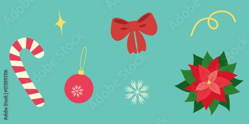 Striped Candy Cane Colorful Poinsettia and Vibrant Christmas Decoration Festive Icon Sticker design
