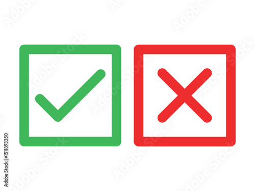 Green checkmark and red cross on isolated white background vector symbol for right and wrong choices. Modern flat design, Checkmark icon set. Checkmark right symbol tick sign.