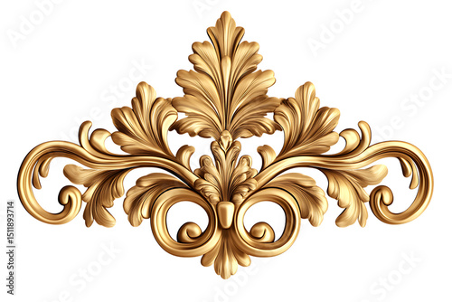 Golden ornamental floral decoration with acanthus leaves on transparent background