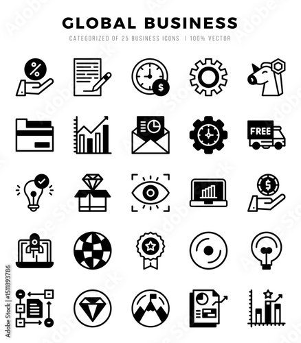 Collection of Global Business 25 Lineal Filled Icons Pack.