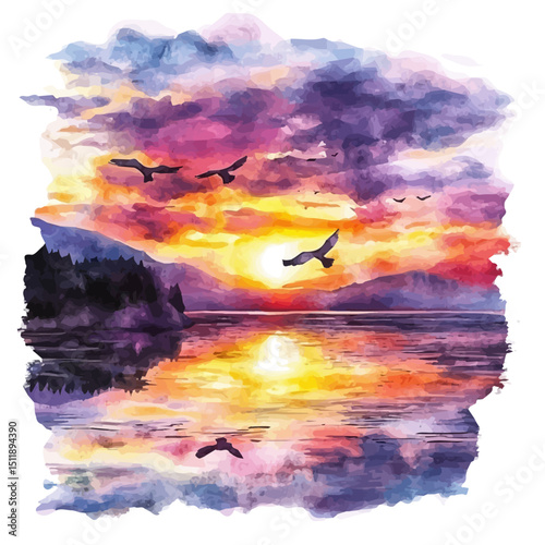 Sunset At Lake, watercolor clipart vector, high quality, isolated on a white background.