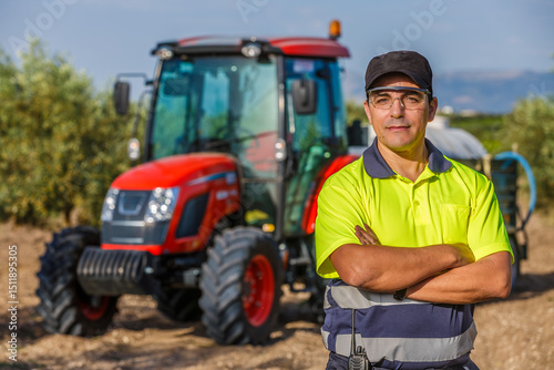 Tractor driver in bright safety gear working in Andalusian fields, Spain