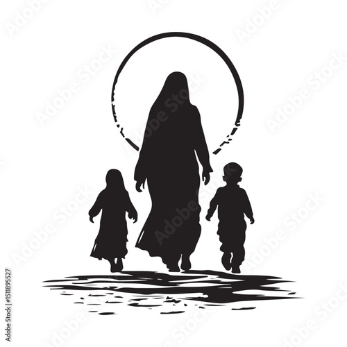 Hijabi Mother Walking Hand in Hand with Her Two Children Under the Moonlight