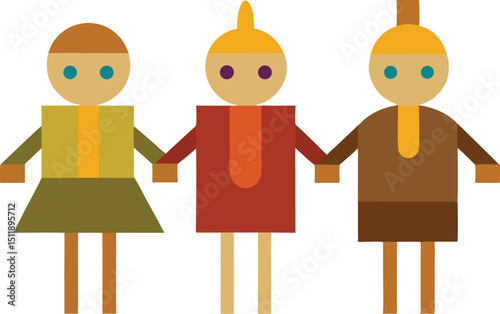 Puppets made from wood and cloth in traditional folk art style vector art illustration