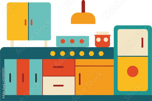 Retro style kitchen with colorful cabinets and vintage charm vector art illustration