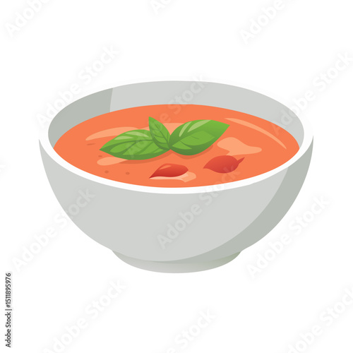 Vector illustration of a bowl of creamy tomato soup with basil garnish on white background