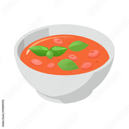 Vector illustration of a bowl of creamy tomato soup with basil garnish on white background