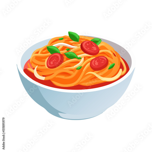 Vector illustration of a bowl of pasta with rich tomato sauce on white background