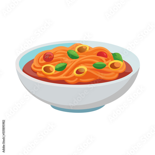 Vector illustration of a bowl of pasta with rich tomato sauce on white background