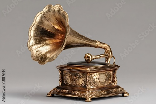 Golden gramophone playing a vinyl record, evoking a sense of vintage nostalgia and the golden age of music, showcasing the beauty of antique sound reproduction technology photo