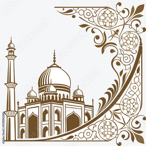  Islamic Mosque Illustration with Arabesque Floral Design for Eid and Ramadan
