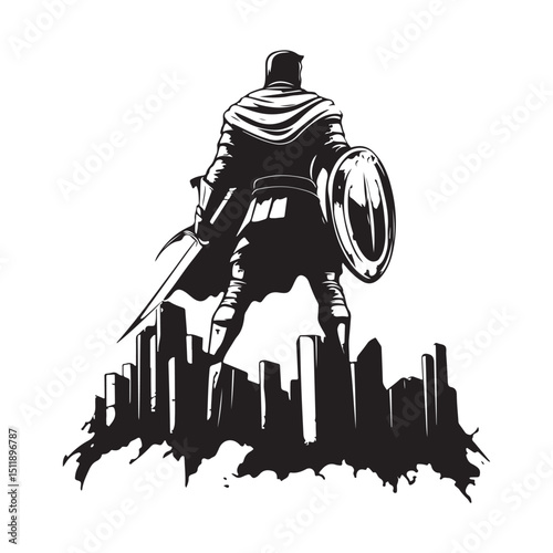 A fierce Spartan warrior standing in front of the Building image vector isolated on white background.
