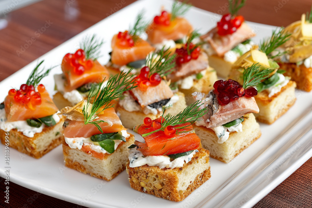 Beautifully decorated canapes with fish and cream cheese on a buffet table Beautifully decorated canapes with fish and cream cheese on a buffet table
