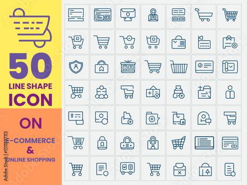 Realistic vector icon set on online shopping and E commerce. Trending line shape Icon set on e commerce and online shopping, store, retail, sale, currency, customer, chart, trolley icon, bank