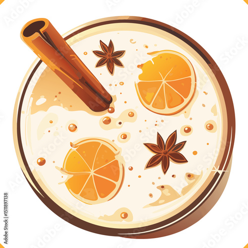 Eggnog with cinnamon stick, star anise, and orange slices in a glass, top view, vector on white background.
Vector illustration of Christmas beverage on white background