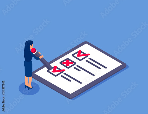 Survey concept banner with characters. Isometric vector concept