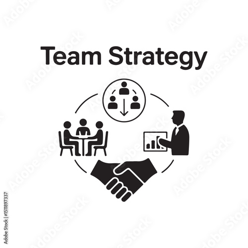 Team Strategy Icon Set – Collaboration, Planning, Presentation, Handshake