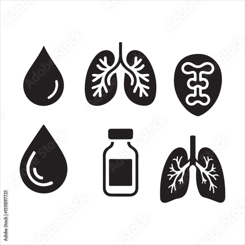 Medical Icons Set with Lungs, Blood Drops, Spine, and Medicine Bottle