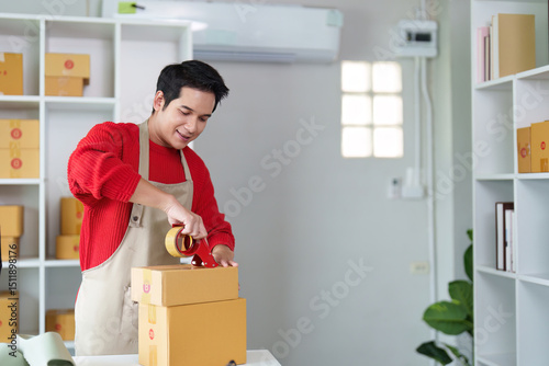 Small Business and Packaging. A dedicated entrepreneur sealing packages for shipment in a small business environment. photo