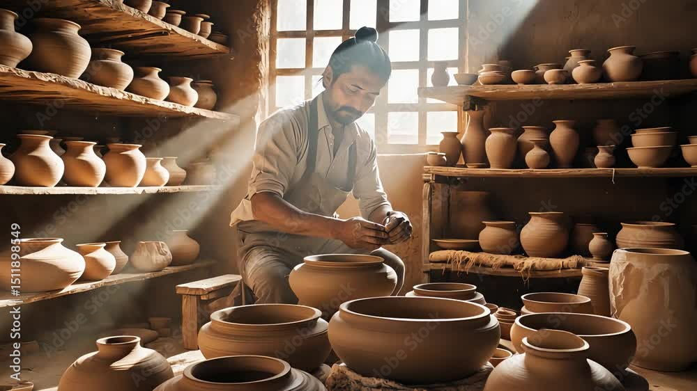 Artisan shaping clay pots in rustic workshop with sunlight streaming through windows, surrounded by handmade pottery