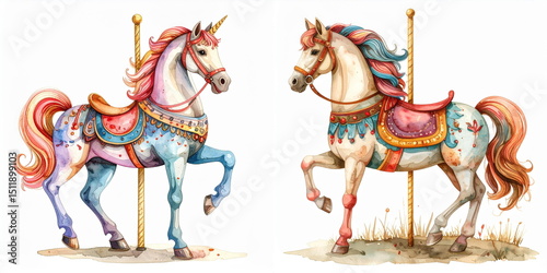 Two watercolor carousel horses, one a unicorn, stand ready for a ride isolated on white background.