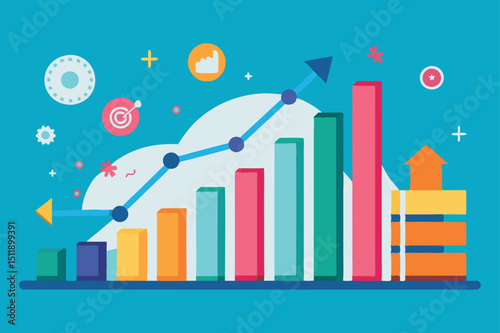 Colorful business graph showing growth with chart, success icons, and upward trending line.
