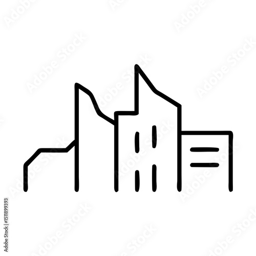 Simplistic city skyline icon in black line art design  