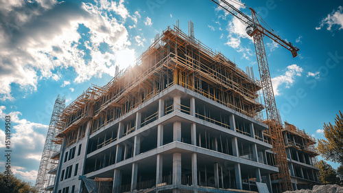 Wide-Angle Shot of Construction Project with Scaffold and Blue Sky