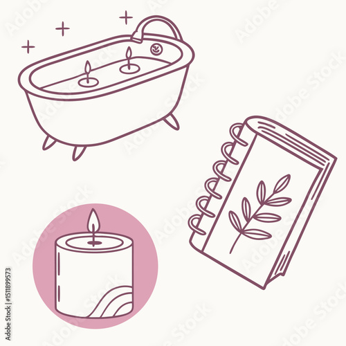 Minimalist self-care icons set (bath, candle, journal)