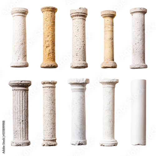 Collection of ten ancient stone columns showcases various textures and colors, ranging from white to beige, with some featuring fluted designs. These architectural elements evoke sense of history
