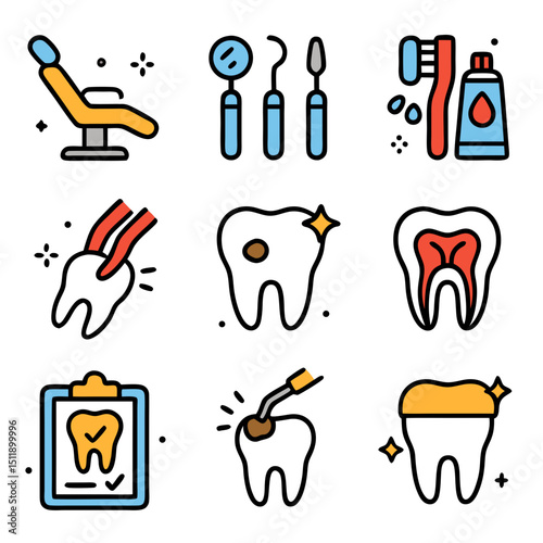 Set of nine dental icons ideal for websites, dental clinics, educational materials, or dental care promotions. Perfect for dental professionals.
