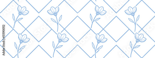 Minimalist floral line art with soft blue flowers over a diamond lattice grid background. Perfect for modern fabric, stationery, or web design. Clean, elegant, and timeless botanical layout.