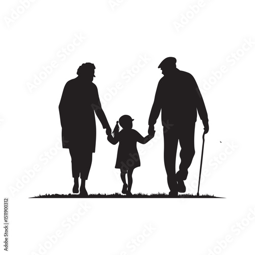 Vector silhouette illustration of grandparents walking with their granddaughter