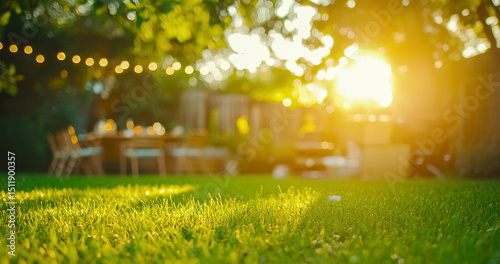 Summer party with BBQ in backyard on green grass with bokeh