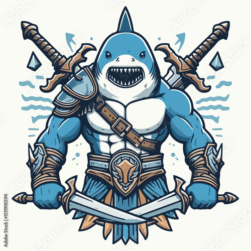 The Shark Gladiator: An impressive illustration of a muscular shark-warrior, ready for battle with his crossed swords, showcasing strength and valor.