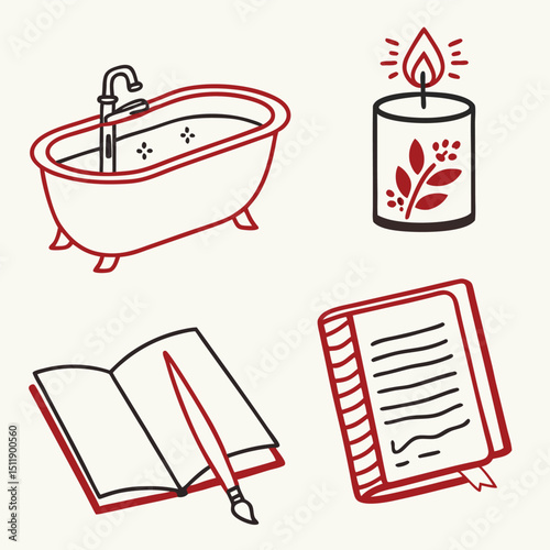 Minimalist self-care icons set (bath, candle, journal)