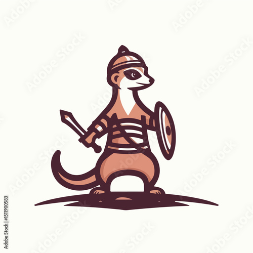 Fearless Guardian: A brave meerkat stands tall, clad in ancient armor and wielding a sword and shield, embodying courage and vigilance against all threats.