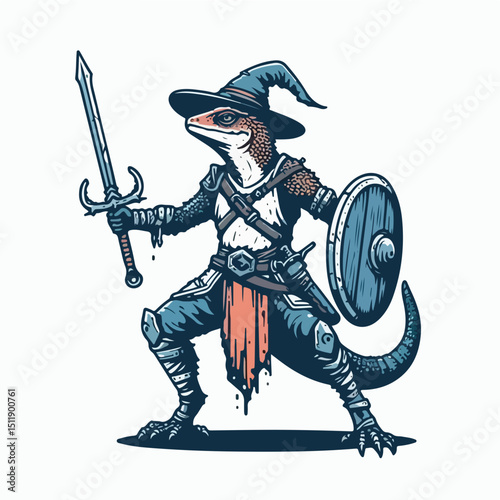 Lizard Wizard Adventurer with a Sword and Shield: A stylized illustration of a lizard warrior in an arcane hat, armor, and wielding a sword and shield, ready for adventure.